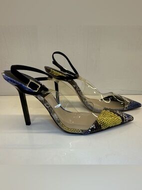 Zara Clear Pointed Slingback Heels with Yellow Snake-Print